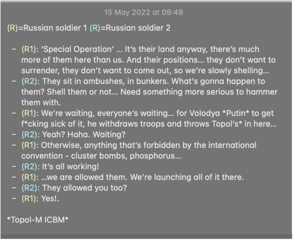 Transcript of an intercepted phone call from a Russian soldier. (Source: @mdimitri91/archive)