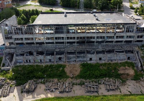 Aerial image of the destroyed Kharkiv National Stadium
