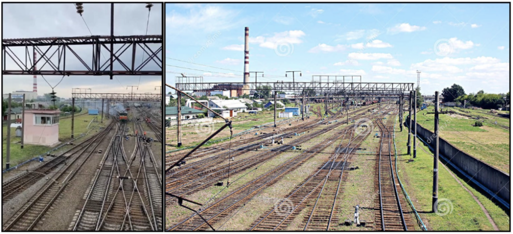 Geolocation confirms the Belarusian military vehicle transport passed through Baranavichy. The image on the left is a screenshot from the video, and the image on the right is a stock image taken of Baranavichy train station. (Source: @AZmilitary1/archive, left; alchetron.com/archive, right)