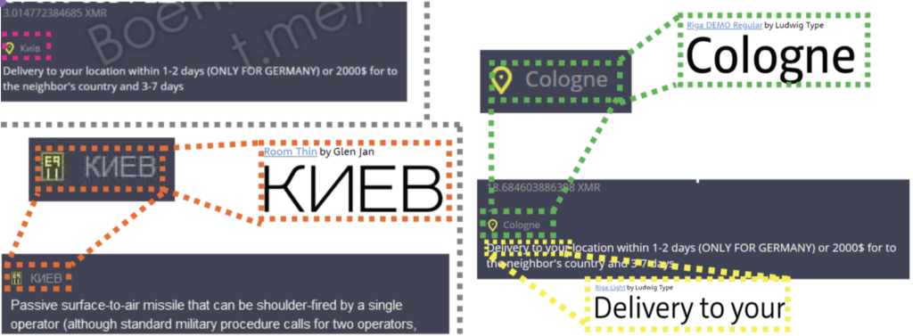 A composite image of ads with the falsified location of Київ (in the top left, magenta box), with the actual address tag in ad of Cologne (top right, green box). The font used in writing “Cologne” is identified on the right (in the green box), whereas the font for “Киев” is specified on the left (orange boxes). (Source: DFRLab via Myfonts.com)