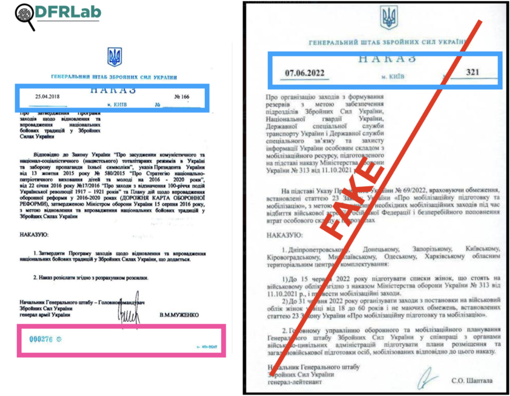 Comparison of an authentic document (at left) and the fake document (at right) from the General Staff of the Armed Forces of Ukraine. The authentic document dates and numbers use a different font (blue boxes) and include a footer with blue text (pink box). (Source: Ukrainian Military Pages/archive, left; Dill Fresh/archive, right)