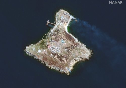 New satellite imagery taken this morning June 30, 2022 shows smoke coming from the contested Snake Island (45.255721, 30.204173) which Russia announced its withdrawal from June 30. Russian forces have left Snake Island in the Black Sea, the Ukrainian Armed Forces said on Thursday June 30, after carrying out what they said was a successful operation. The Ukrainian Armed Forces said that the enemy hastily evacuated the remnants of the garrison in two speedboats and probably left the island. (Maxar via EYEPRESS)