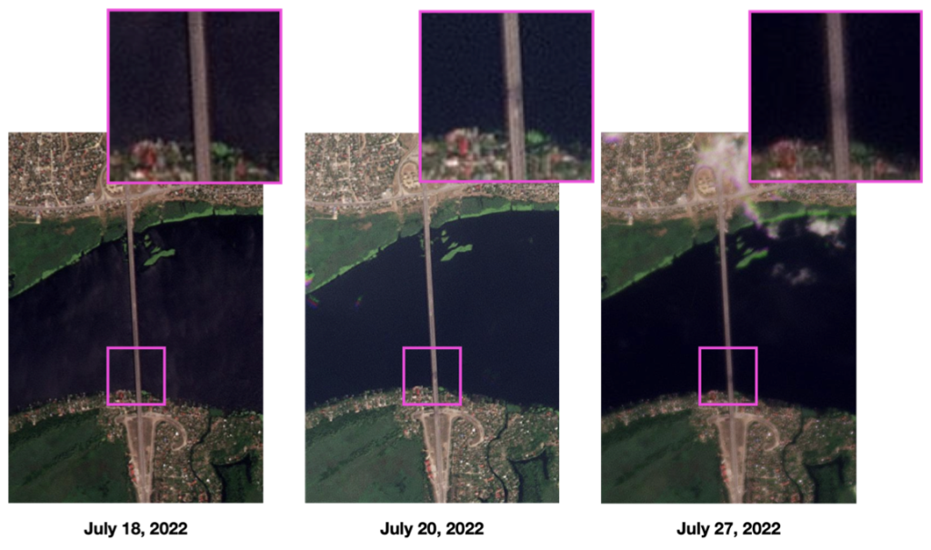 Satellite images of Antonovsky bridge in Kherson. The pink frames highlight damage done to the bridge. (Source: @nikaaleksejeva/DFRLab via Planet.com) 