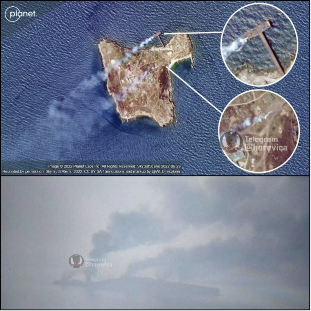 Satellite imagery (top) from June 29 compared with a photo (bottom) of Snake Island taken on the same day. In both images. Large smoke plumes are seen in both images. (Source: @SputnikATONews/Archive) 