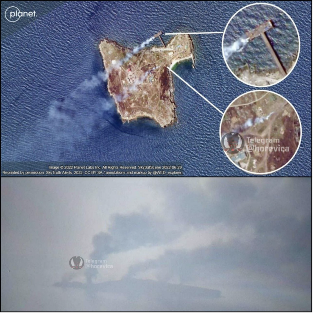 Satellite imagery (top) from June 29 compared with a photo (bottom) of Snake Island taken on the same day. In both images. Large smoke plumes are seen in both images. (Source: @SputnikATONews/Archive)