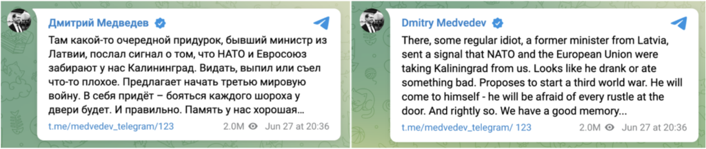 Screenshots of Medvedev’s Telegram post threatening Gulbis. (Source: Dmitry Medvedev/archive)