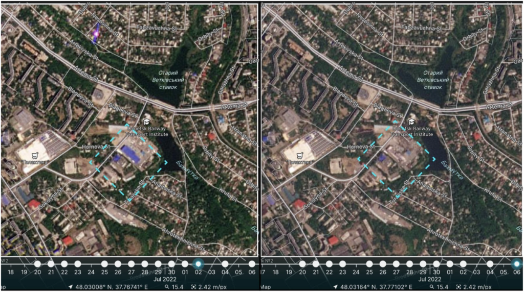 Comparison of July 2 and July 4 satellite imagery on Planet.com. Satellite imagery reveal complete destruction of the Kamaz center in Donetsk, occupied Ukraine (marked in blue). (Source: Planet.com; coordinates on Google Maps)