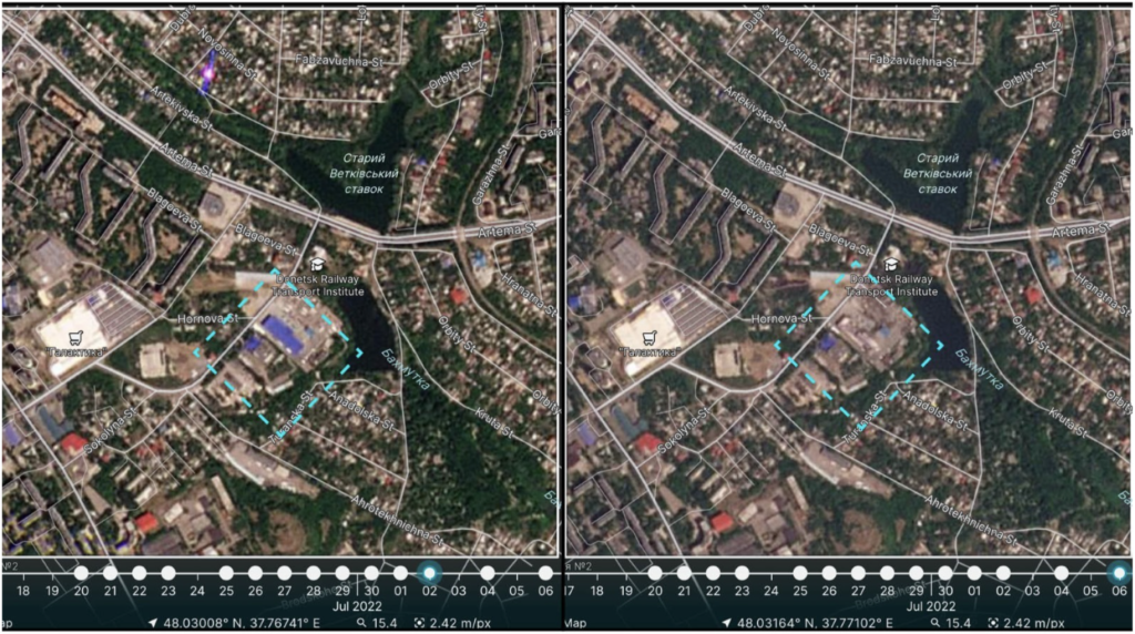 Comparison of July 2 and July 4 satellite imagery on Planet.com. Satellite imagery reveal complete destruction of the Kamaz center in Donetsk, occupied Ukraine (marked in blue). (Source: Planet.com; coordinates on Google Maps) 