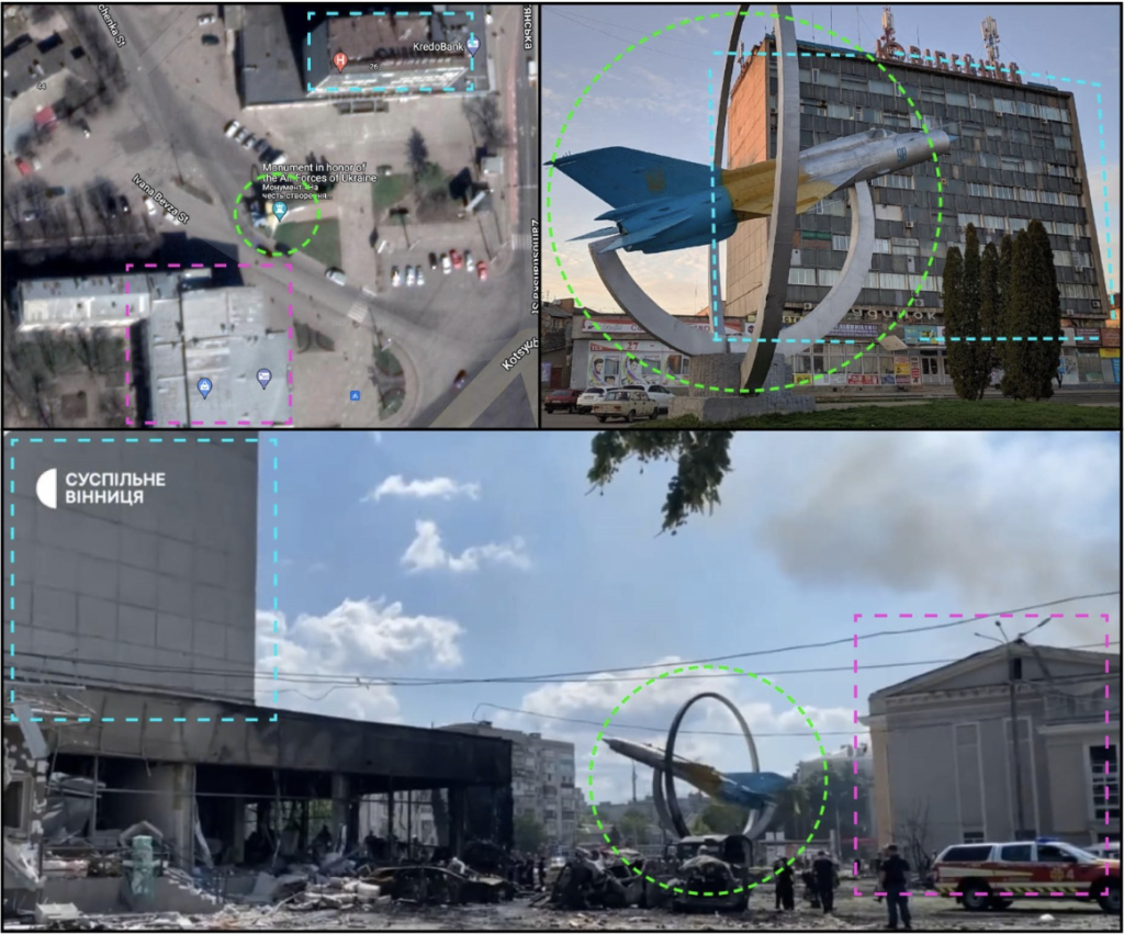 Geolocation of one of the areas hit in central Vinnytsia. Green color marks the Monument in honor of the Air Forces of Ukraine, blue color marks a high-rise building and pink color marks the House of Officers. (Source: @mhmck/Archive, bottom; GoogleMaps, top left; GoogleMaps, top right)