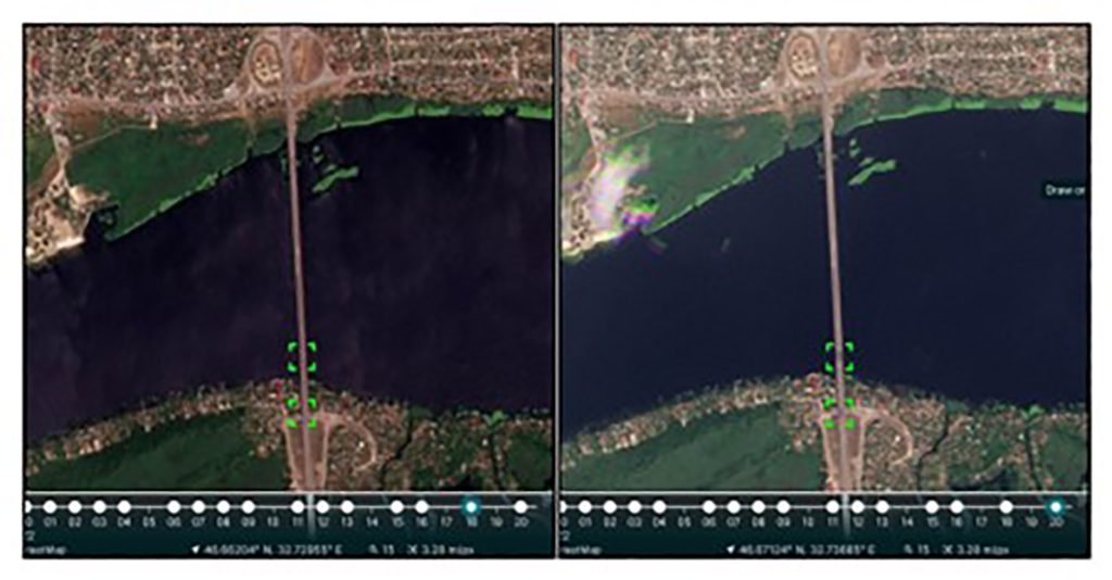 Comparison of Planet.com satellite imagery from July 18 (left) and July 20 (right). The green lines mark the areas of impact, visible only on July 20. (Source: Planet.com, location on Google Maps)