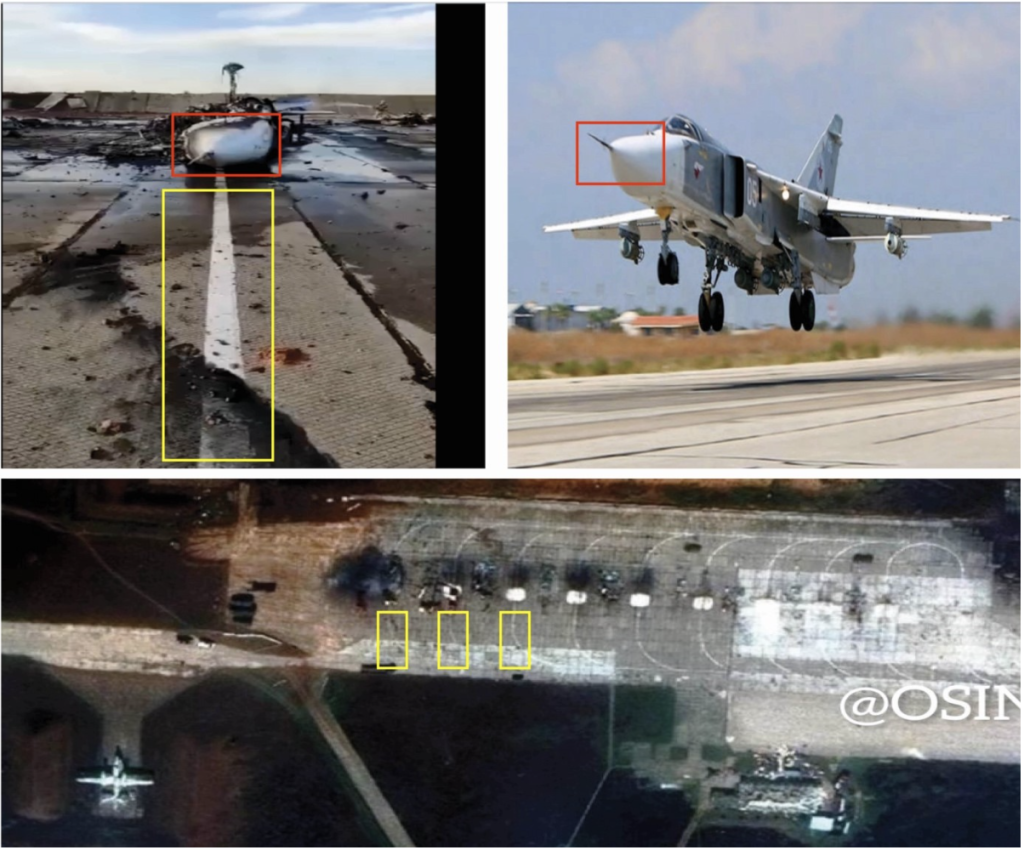 Top left image shows a damaged aircraft at Saki airfield; for comparison, the top right image shows an Su-24 fighter aircraft, red rectangles highlight the similarities. The bottom image, of Planet Labs satellite imagery, shows damaged aircraft after the explosions. Yellow rectangles mark the white lines visible in both the video footage and Planet Labs imagery. (Sources: @Osinttechnical/archive, top left; BBC/archive, top right; @OSINTua/archive, bottom) 