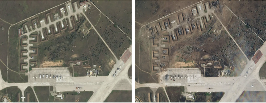 Satellite images show Saki airbase before and after the explosions. (Source: Planet Labs) 