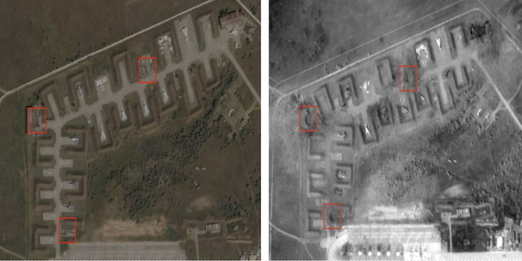 Satelite imagery shows three craters (marked in red on the right screenshot) after the explosions. The image on the left shows the locations before the explosions. (Source: @EliotHiggins/archive) 