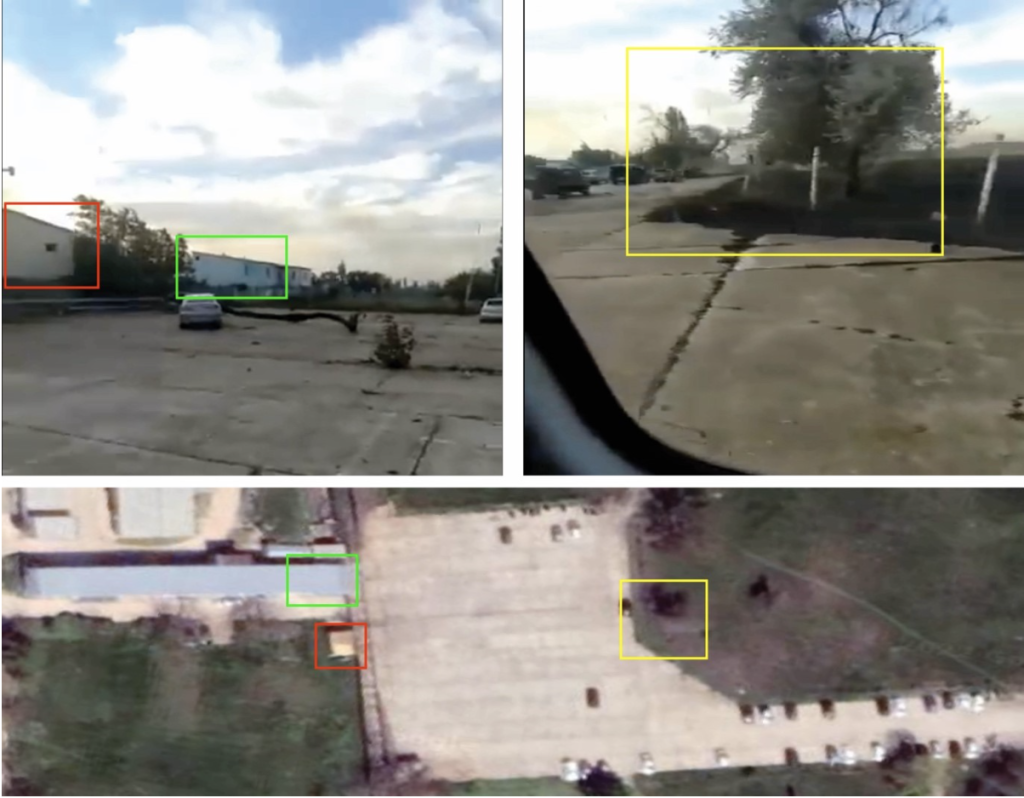 The top two images are stills from a video taken at Saki airfield; the bottom image is from Google Earth. Green rectangles highlight a blue colored building and red rectangles show a yellow building. The yellow rectangles reveal the distinctive shape of the road and tree. (Source: @RALee85/archive, top left and right; Google Earth, bottom) 