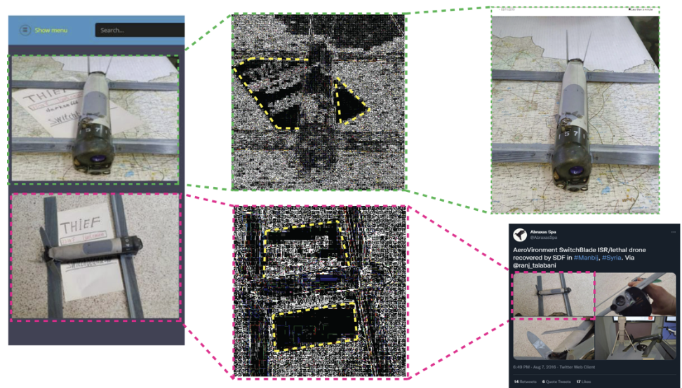 The composite image of a screenshot from the Dark Web store taken from Twitter (left), noise analysis of both images via Forensically (center), and original images of drones from 2015 (top right) and 2016 (bottom right). The prominence of presumably added paper during noise analysis is highlighted in yellow. (Sources: Twitter/archive, left; article/archive, right; @DFRLab via Forensically) 