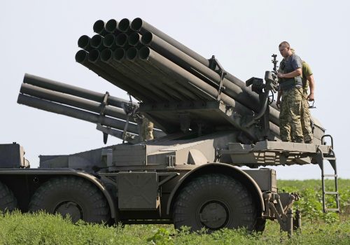A multiple rocket system is deployed around the border of eastern Ukrainian regions of Donetsk and Kharkiv on Aug. 27, 2022. (Source: Kyodo via Reuters Connect)