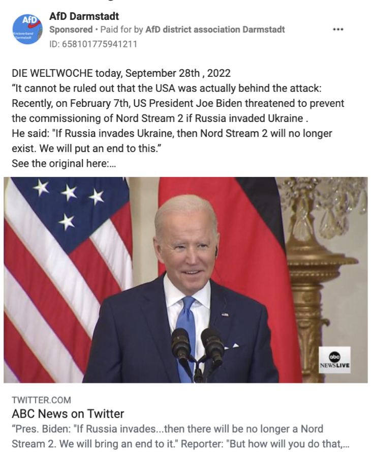 Screenshot of Facebook ad paid by AfD and translated to English from German by Google translate. (Source: Meta Ad Library)