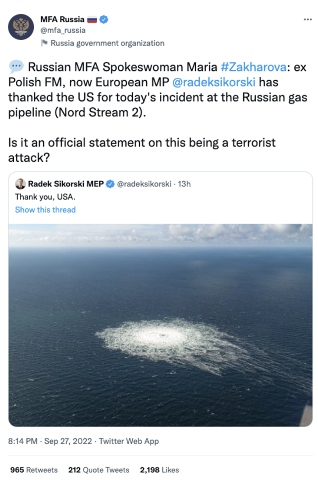 Screenshot of Russian MFA’s quote tweet of Radek Sikorski’s tweet. (Source: @mfa_russia/archive)