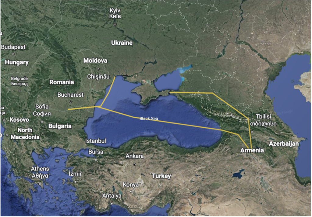 Map illustrating the Russian FSB’s claim that the explosive cargo moved from Odesa to Crimea, via Bulgaria, Georgia and Armenia. The yellow lines do not mark the exact route. (Source: GGigitashvili_/DFRLab via Google Earth)   