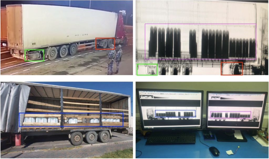 Screenshots at the top are from Ria Novosti’s Telegram post. The red and green rectangles mark the differences in the two trucks. The screenshots at the bottom are from an Armenpress article and show a truck during a customs inspection in Armenia. (Sources: Telegram/archive, top left and right; Armenpress/archive, bottom left and right).  