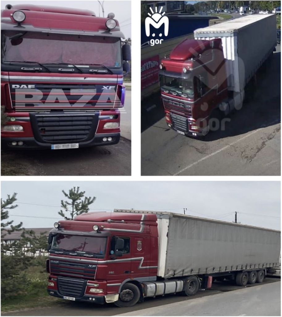 Photos show a truck with a Georgian license plate, which Moscow claims was used to export explosives to Russia. (Sources:  Telegram/archive, top left; Telegram/archive, top right; Daily Mail/archive, bottom). 