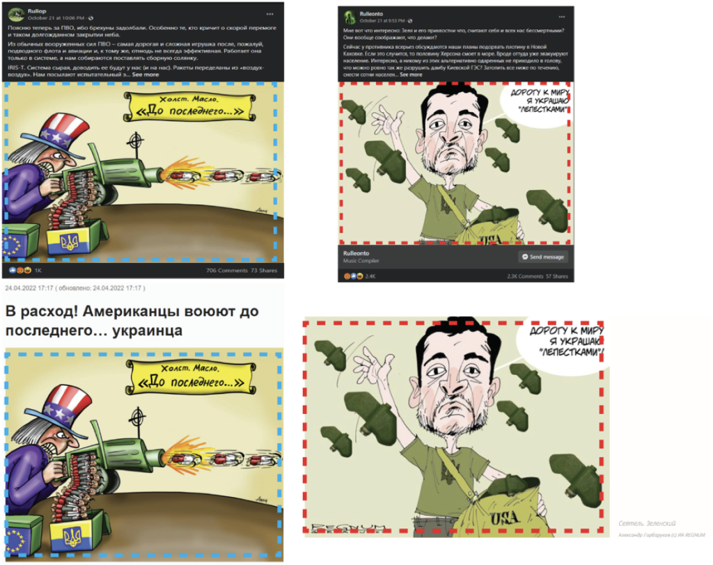 A composite image of two Facebook posts (top left and right) and the source images, one from the Russian state-owned outlet Minskaya Pravda (bottom left), and another from the pro-Kremlin outlet Regnum (top right). (Sources: Ruliop, top left; Rulleonto/archive top right; Minskaya Pravda, bottom left; Regnum, bottom right)