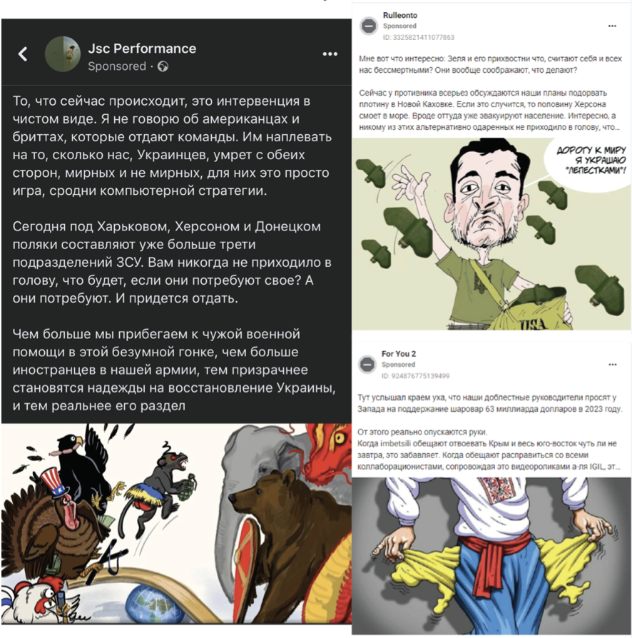 A composite image of three pro-Kremlin and anti-Ukraine ads (Source: Jsc Performance, left; Rulleonto, top right; For You 2, bottom right)