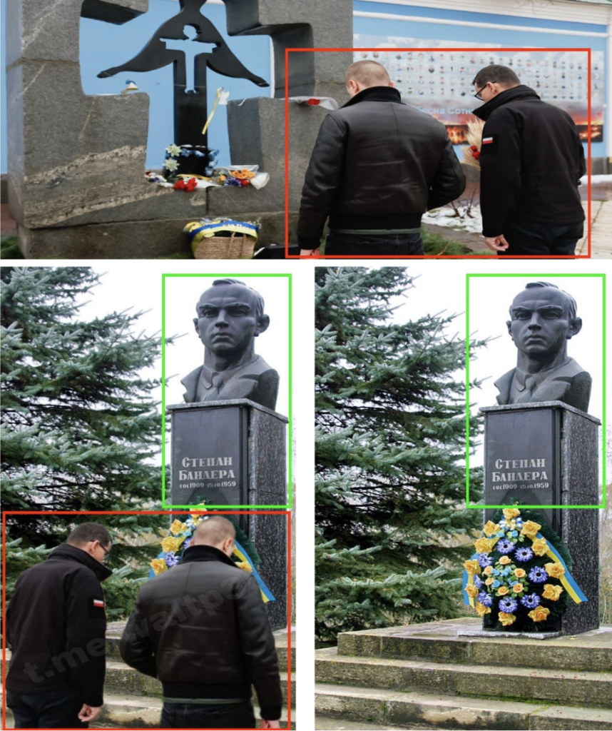 Top: Prime Minister Morawiecki in front of the monument to Holodomor victims in Kyiv. Bottom left: the digitally modified image; Bottom right: a copy of the original Bandera monument photo on Wikipedia. (Sources: @PremierRP/archive, top; Telegram/archive, bottom left; Wikipedia/archive, bottom right) 