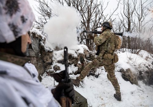 Bohdan, 'Fritz', the unit commander's deputy in the 79th Air Assault Brigade, fires a rocket-propelled grenade (RPG) towards Russian positions on a front line near the town of Marinka, in the middle of the Russia attack on Ukraine, Donetsk region, Ukraine, February 14, 2023. REUTERS/Marko Djurica