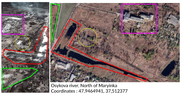 Geolocated footage of Russian strikes on World War II Veteran Hospital (purple square) near the Osykova River, Mariinka, Donetsk oblast. Additional polygons identify ground features appearing in each image. (Source: ColonelCassad, left; Valentin Châtelet,/Google Earth, right)