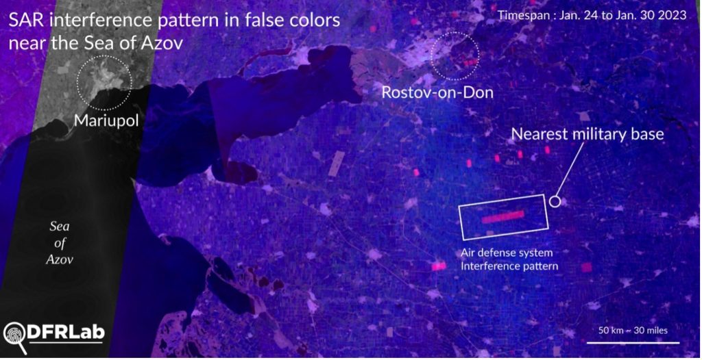 Radar imagery, captured between January 25 and January 30, 2023, shows air defense system interference patterns. Source: DFRLab via Sentinel-1 on 5Ghz Interference Locator via Google Earth Engine)