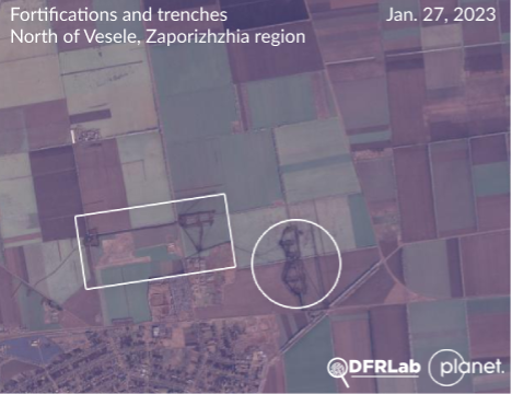 Satellite imagery captured on January 27, 2023, shows new fortifications and trenches north of Vesele. Source: DFRLab via Planet.com