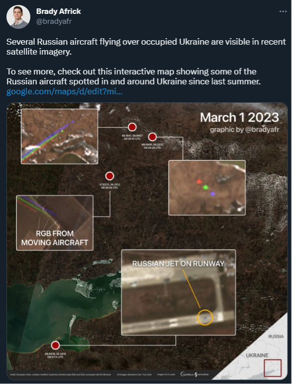 Screenshot of a tweet from Brady Africk, who identified seven different instances of aircraft located in the south of Ukraine on Sentinel-2 satellite imagery. (Source: Twitter/archive)