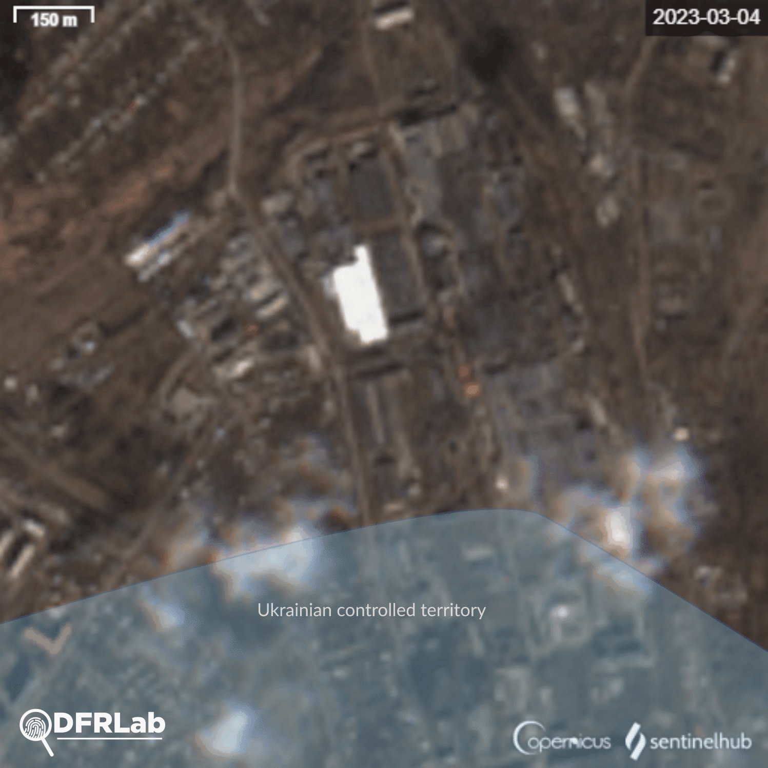 Sentinel-2 satellite imagery north of Bakhmut released on March 4, 2023, annotated by the DFRLab. (Source: ESA/Sentinel-2, Ukraine Control Map)