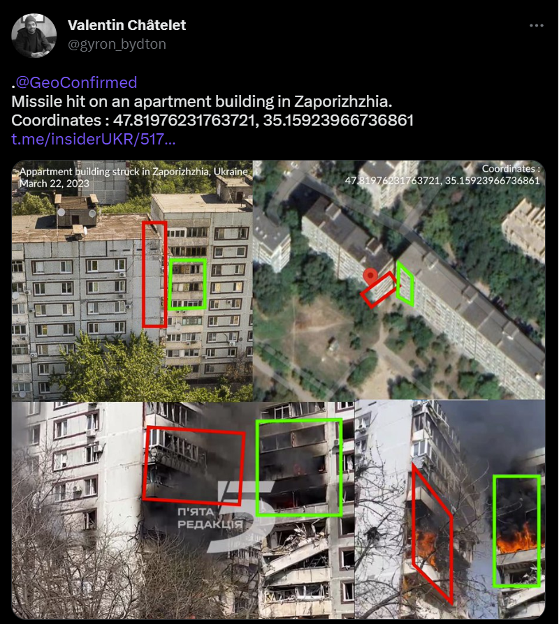 Geolocated images of the residential apartment building in Zaporizhzhia struck by a Russian missile. (Source: Valentin Châtelet)