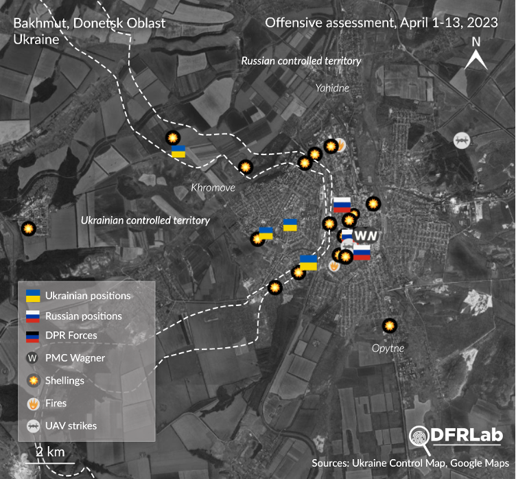 Documented locations of fighting April 1-13, 2023; data gathered from open-source resources. (Source: Ukraine Control Map, with annotations by the DFRLab)