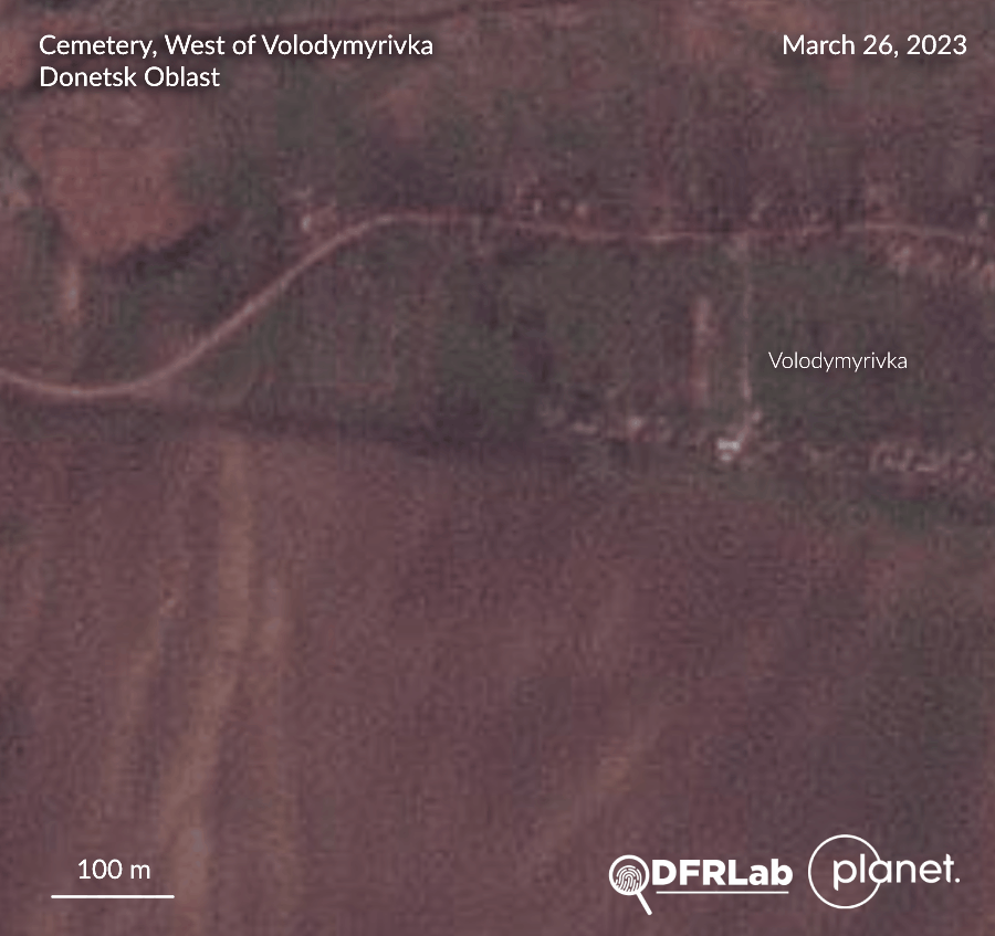 Location of new burial site east of Soledar, Volodymyrivka, Donetsk Oblast. (Source: PlanetLab, with annotations by the DFRLab)
