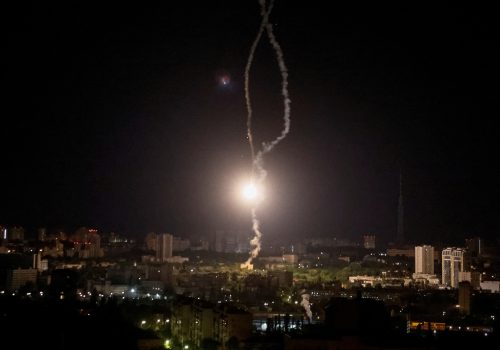 Explosion of a missile is seen in the sky over the city during a Russian missile strike, amid Russia's attack on Ukraine, in Kyiv, Ukraine May 16, 2023. REUTERS/Gleb Garanich TPX IMAGES OF THE DAY