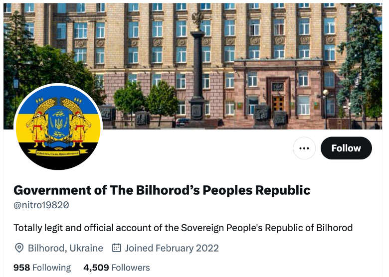 NAFO meme account @nitro19820 changes its Twitter name and bio to joke that it now represented a new “People’s Republic” in Belgorod. (Source: @nitro19820/archive)