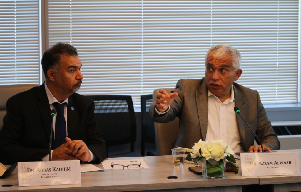 Dr. Azzam Alwash (right) speaking at a private roundtable event, alongside Iraq Initiative Director and moderator Dr. Abbas Kadhim (left).