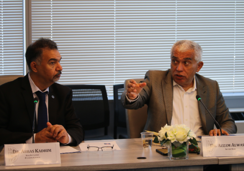 Dr. Azzam Alwash (right) speaking at a private roundtable event, alongside Iraq Initiative Director and moderator Dr. Abbas Kadhim (left).