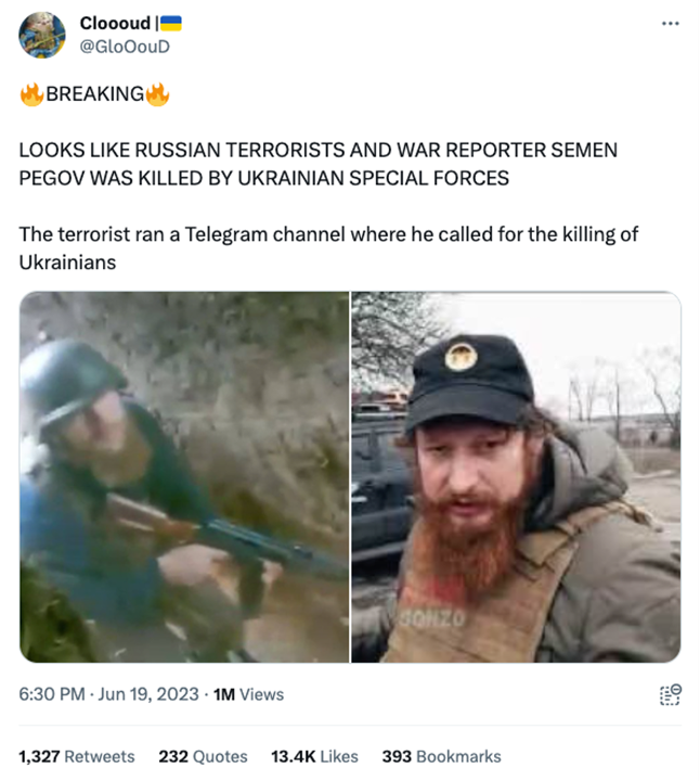 Screenshot of @GloOouD’s tweet suggesting that Semyon Pegov was killed by Ukrainian special forces. (Source: @GloOouD/archive)