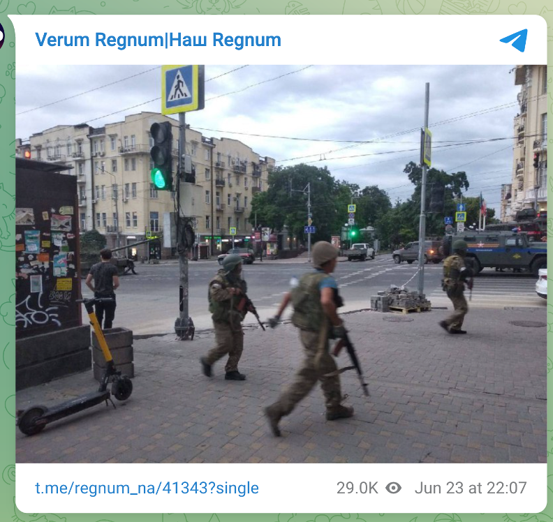 Telegram footage allegedly of Wagner forces in central Rostov. (Source: Verum Regnum/archive)