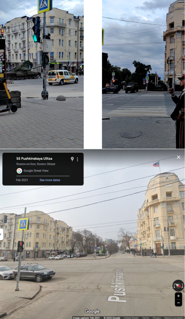 Top: Highlights from the video showing a tank in front of the southwest corner of Pushkinskaya Ulitsa and Budonnovskiy Prospekt (top left) and a man recording footage on his phone in front of the intersection’s northwest corner in front of the MoD’s Southern Military District building (top right). Bottom: Google Street View of the same intersection facing westward, where both corners are visible. (Source: Verum Regnum/archive, top left and top right; Google Street View/archive, bottom)