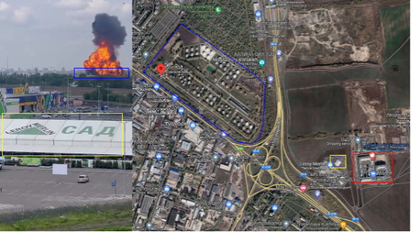 Photo shows the locations of oil depot, store, recorded video, marked as blue, yellow, red respectively.  (Source: Left Twitter/archive, Right Google Maps/archive)