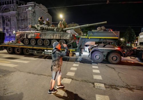 Fighters of Wagner private mercenary group pull out of the headquarters of the Southern Military District to return to base, in the city of Rostov-on-Don, Russia, June 24, 2023. REUTERS/Alexander Ermochenko