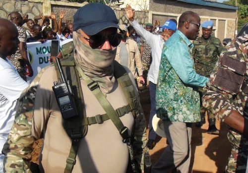 Russian officers from the wagner group are seen around Central African president Faustin-Archange Touadera as they are part of the presidential security system during the referendum campaign to change the constitution and remove term limits, in Bangui, Central African Republic July 17, 2023. REUTERS/Leger Kokpakpa