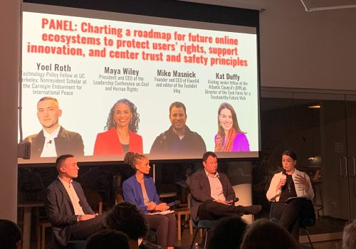 All Tech is Human hosts Mike Masnick, Maya Wiley, Yoel Roth, and Kat Duffy at the Responsible Tech Mixer and New York City launch of Scaling Trust on the Web.