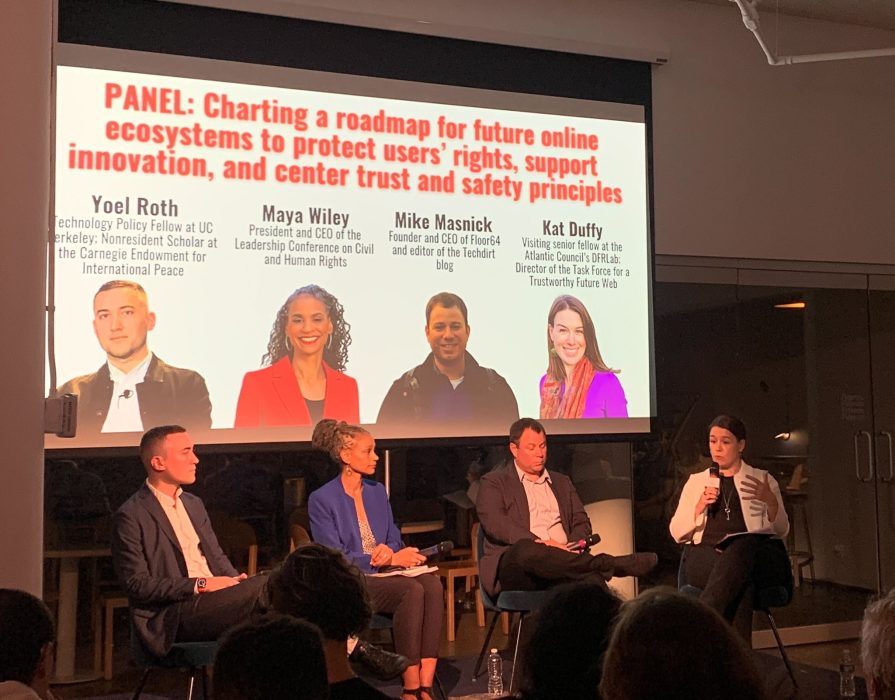 All Tech is Human hosts Mike Masnick, Maya Wiley, Yoel Roth, and Kat Duffy at the Responsible Tech Mixer and New York City launch of Scaling Trust on the Web.