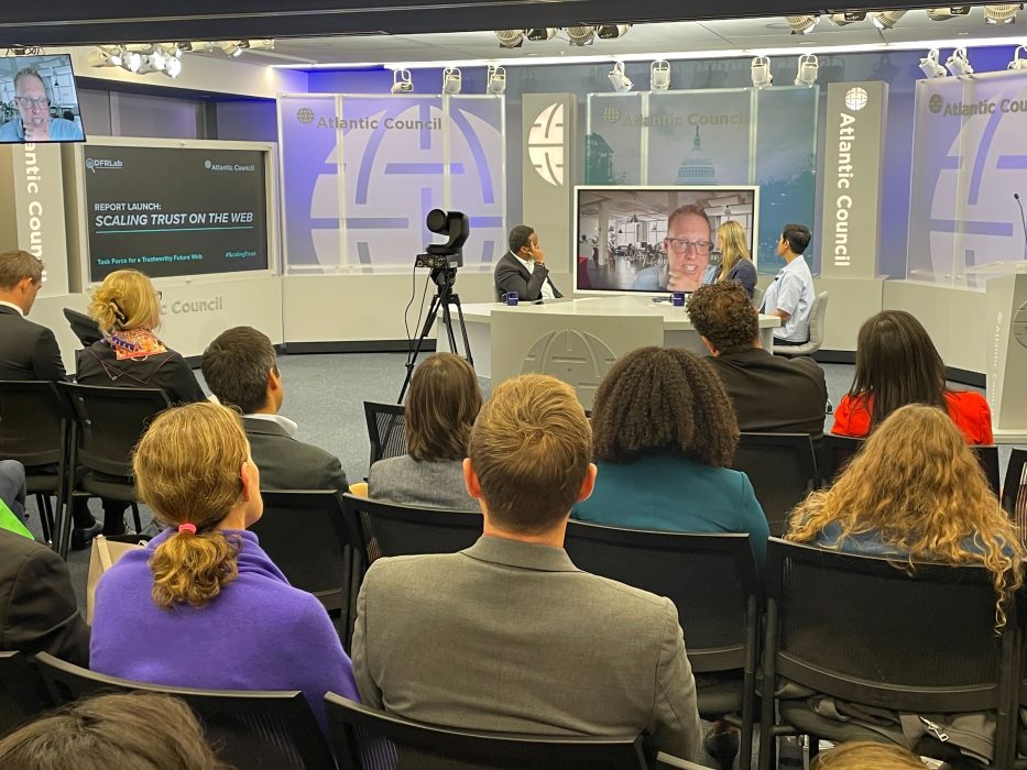 First panel at the Washington, DC launch of Scaling Trust on the Web. The panel featured Bertram Lee, Alex Givens, Rumman Chowdhury, and Matt Soeth.